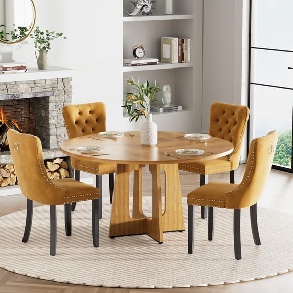 Round Farmhouse Dining Table Set for 4, 47" Circle Ancient Oak Wooden Kitchen Table with 4 Gold Velvet Upholstered Dining Chairs, Wooden Kitchen and Dining Room Table Set for Dining Room
