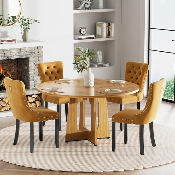 Round Farmhouse Dining Table Set for 4, 47" Circle Ancient Oak Wooden Kitchen Table with 4 Gold Velvet Upholstered Dining Chairs, Wooden Kitchen and Dining Room Table Set for Dining Room