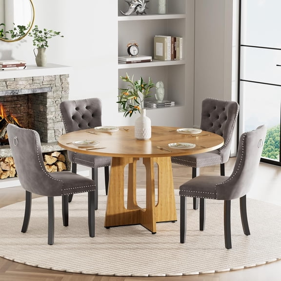 Round Farmhouse Dining Table Set for 4, 47" Circle Ancient Oak Wooden Kitchen Table with 4 Grey Velvet Upholstered Dining Chairs, Wooden Kitchen and Dining Room Table Set for Dining Room
