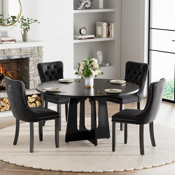 Round Farmhouse Dining Table Set for 4, 47" Circle Black Wooden Kitchen Table with 4 Black Velvet Upholstered Dining Chairs, Wooden Kitchen and Dining Room Table Set for Dining Room