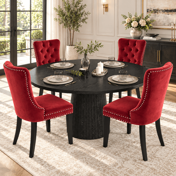 Round Farmhouse Dining Table Set for 4, 47" Circle Black Wooden Kitchen Table with 4 Velvet Upholstered Dining Chairs, Wooden Table Set for Dinner Table for Kitchen and Dining Room