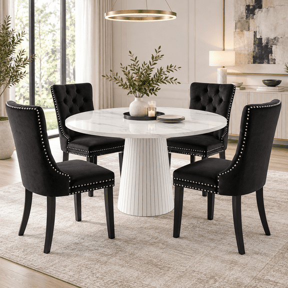 5-Piece Round Farmhouse Dining Table Set, 47" White Marble Kitchen Table with 4 Velvet Upholstered Dining Chairs, Wooden Table Set for Dinner Table for Kitchen and Dining Room