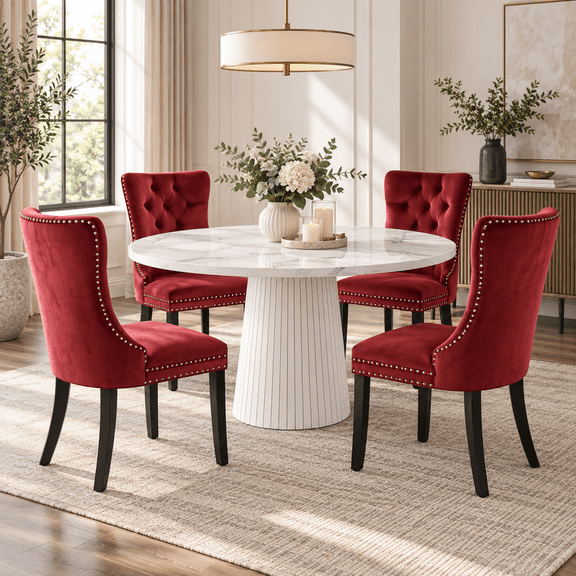 Round Farmhouse Dining Table Set for 4, 47" Circle White Wooden Kitchen Table with 4 Velvet Upholstered Dining Chairs, Wooden Table Set for Dinner Table for Kitchen and Dining Room