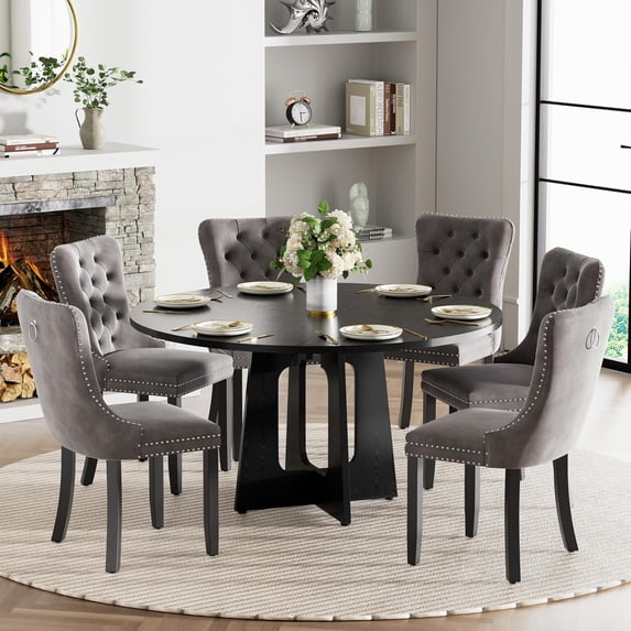 Round Farmhouse Dining Table Set for 6, 47" Circle Black Wooden Kitchen Table with 6 Grey Velvet Upholstered Dining Chairs, Wooden Kitchen and Dining Room Table Set for Dining Room