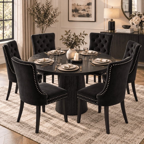 Round Farmhouse Dining Table Set for 6, 47" Circle Black Wooden Kitchen Table with 6 Velvet Upholstered Dining Chairs, Wooden Table Set for Dinner Table for Kitchen and Dining Room