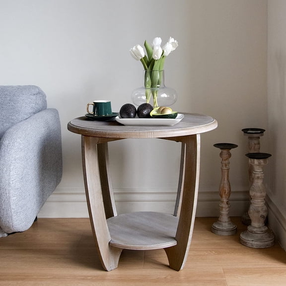 Round Farmhouse End Table with Storage Shelf, French Country Accent Side Table Rustic Grey, Dinning or Living Room, Small Spaces, Modern, Vintage Grey Finish