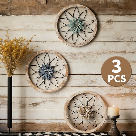 Round Farmhouse Wall Decor with 3 Interchangeable Flowers, 12" Wood and Metal Rustic Wall Art 3-Piece