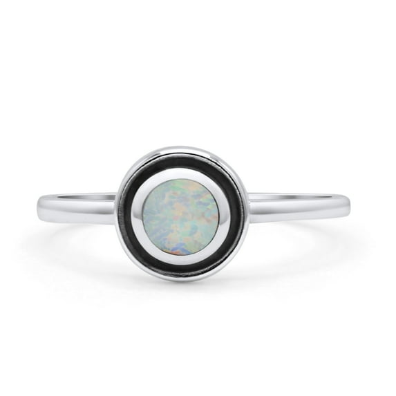 Round Fashion Ring Oxidized Lab Created White Opal Solid 925 Sterling Silver Size 10