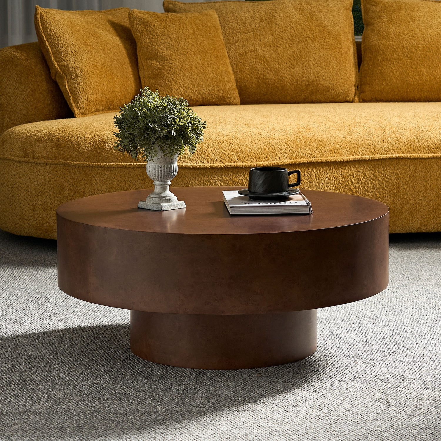 Round Faux Burl Coffee Table, Wood Drum Center Table with Pedestal Base ...