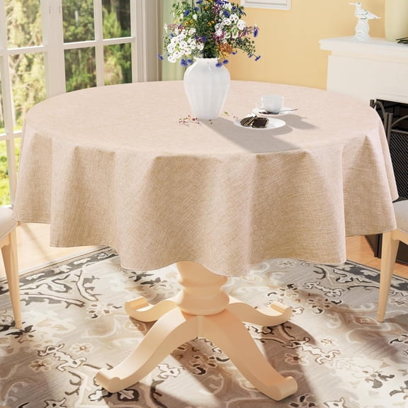 Round Faux Champagne Table Cloth, Waterproof Burlap Fabric Tablecloth, Washable Decorative Farmhouse Table Covers for Kitchen, Dining, Parties, 60x60, Champagne