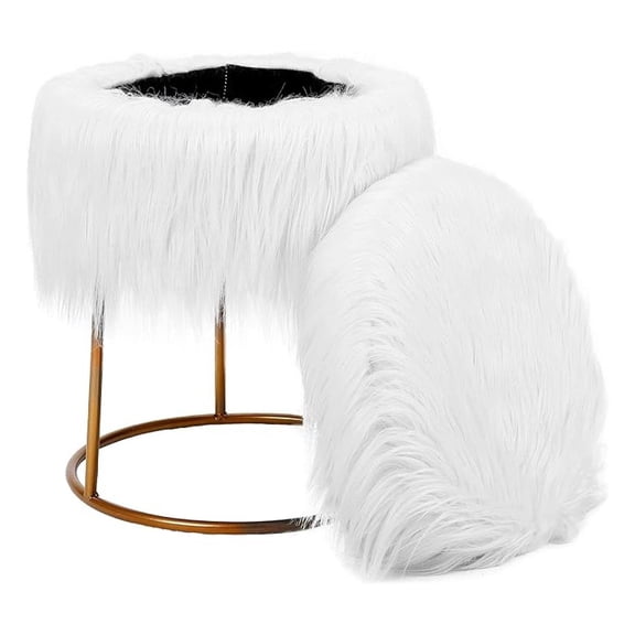 Round Faux Fur Vanity Stool Chair with Storage - Fluffy Makeup Seat with Metal Legs - Soft Padded Footrest for Bedroom, Vanity & Closet - Compact, Stylish Seating - White, Pale Legs