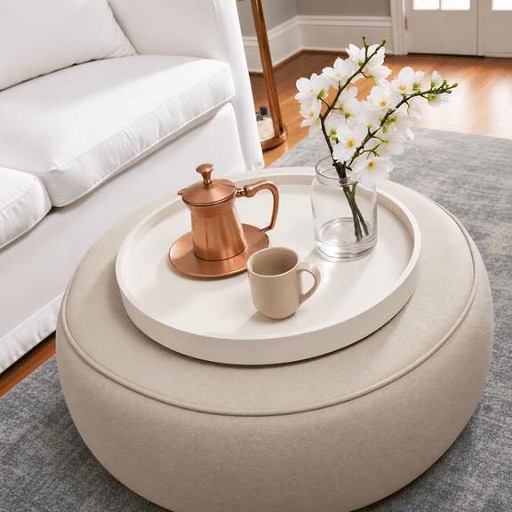 Round Faux Leather Serving Platter Beige 20inch For Couch Coffee Table Family Dinner Picnic Party Decor