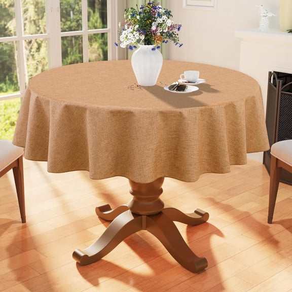 Round Faux Linen Table Cloth, Waterproof Burlap Fabric Tablecloth, Washable Decorative Farmhouse Table Covers for Kitchen, Dining, Parties, 60x60, Amber Bronze