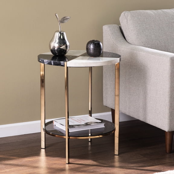 Round Faux Marble End Table. Modernize Your Interior With Black And White Appearance Champagne Metal. Smoke Glass Shelf For Storage. Contemporary . 19.71 In. Depth X Width 23.49 Height. 19.01 Lb.