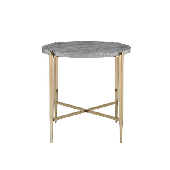 Round Faux Marble End Table with Metal Base in Champagne
