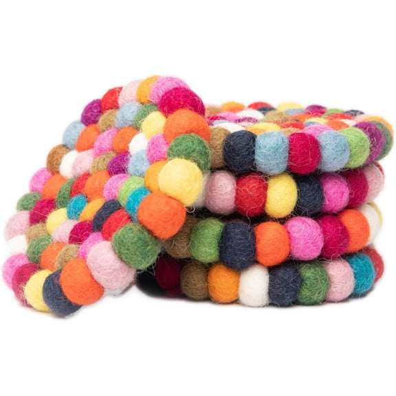 Round Felt Ball Coasters - 100% Merino Wool Table Coasters - Felt Coaster Ps, Absorbent Trivet for Drinks - Heat Resistant, Thick & Durable Hand Felted in Nepal by - Multicolor - Set of 5