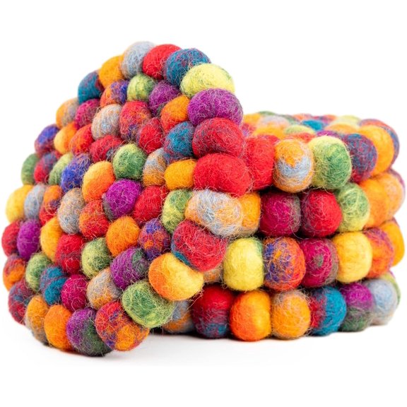 Round Felt Ball Coasters - Wool Table Coasters - Felt Coaster Pads, Absorbent Trivet for Drinks - Heat Resistant, Thick & Durable Hand Felted in Nepal by - Multi-Color - Set of 5