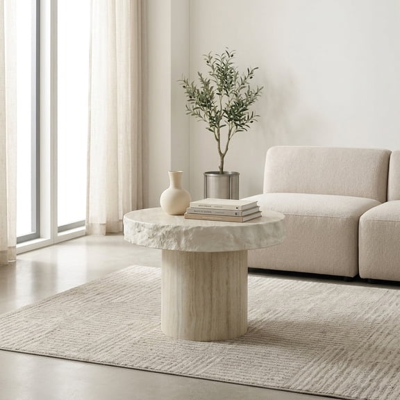 Round Fiberglass Coffee Table with Faux Stone Texture - Beige