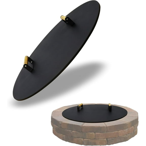 Round Fire Pit Lid - 28 inch fire pit cover Metal with Wooden Handles - Fits for Bonfire Pits or Propane Fire Pit Fire Tables