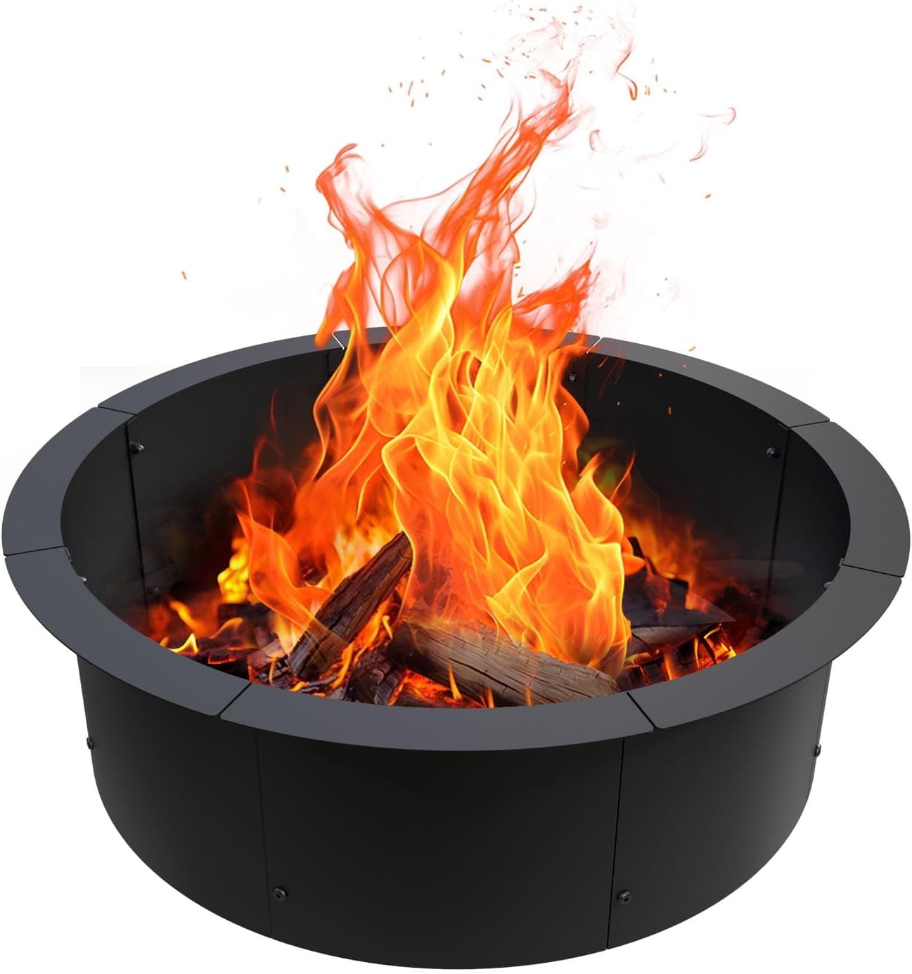 Round Metal Fire Pit Ring for DIY Campfire Wood Burning Insert Fire Pit Liner Heavy Duty Firepit Rim with Collar Support Bonfire Outdoor Camping Cooking Patio Backyard, Black 32"