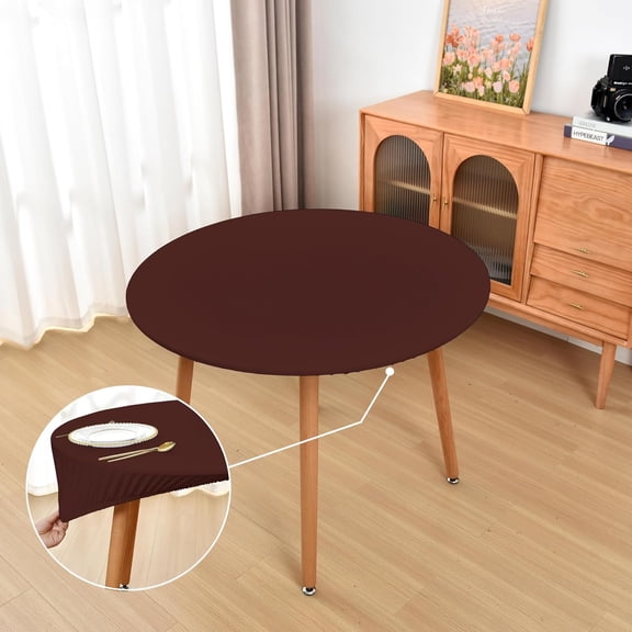 Round Fitted Brown Tablecloth with Elastic for 60 inch Tables No Slip Cloth Table Covers Washable Stretchy Table Cloths for Kitchen Dining Outdoor Party