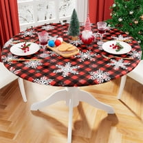 Round Fitted Christmas Table Cover, Elastic Edged and Flannel Backed Tablecloth, Buffalo Plaid Vinyl Tablecloth with Snowflake Pattern, Fits 36"-44" Round Tables