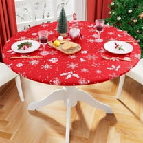 Round Fitted Christmas Tablecloth with Elastic Edge, 100% Waterproof Oil Proof Plastic Table Cover, Vinyl Flannel Backed Tablecloth Fits 36"-44" Round Tables for Christmas Dinner, Bells