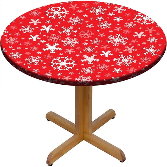 Round Fitted Christmas Tablecloth with Elastic Edge, Waterproof and Wipeable Round Table Cover for Indoor Outdoor Patio (Red White, 44 Inch), Xmas Snowflakes Design
