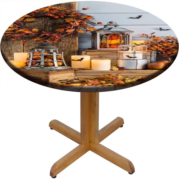 Round Fitted Fall Tablecloth for 44" Table - Wooden Board Maple Leaf Elastic Edged Table Cover Protector-for Indoor and Outdoor