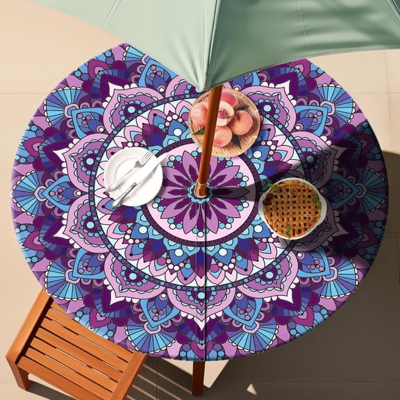 Round Fitted Outdoor Tablecloth with Umbrella Hole and Zipper Patio Vinyl Waterproof Boho Picnic Cover Garden Camping Rv Essentials Summer Vacation Festival Gear Gifts for Women Men Mom Dad