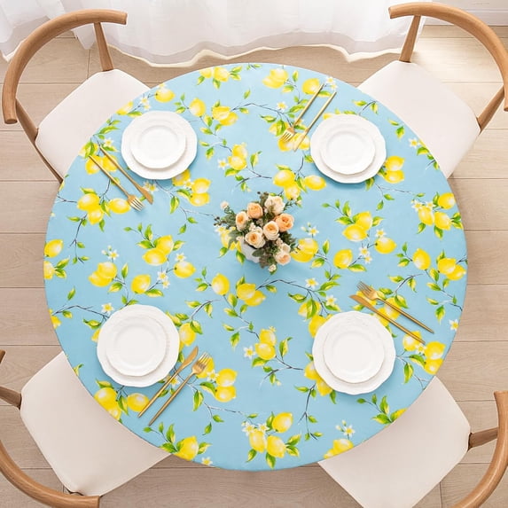 Round Fitted PEVA Vinyl Tablecloth with Elastic Edged & Flannel Backing, Waterproof Wipeable Round Table Cover for Indoor Outdoor Patio Use - Fits Tables up to 36"-44" Dia. (Lemon)