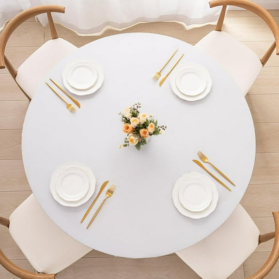 Round Fitted PEVA Vinyl Tablecloth with Elastic Edged & Flannel Backing, Waterproof Wipeable Round Table Cover for Indoor Outdoor Patio Use - Fits Tables up to 45"-52" Dia. (White)