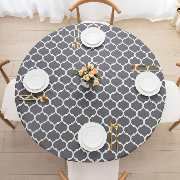 Round Fitted PEVA Vinyl Tablecloth with Elastic Edged & Flannel Backing, Waterproof Wipeable Round Table Cover for Indoor Outdoor Patio Use - Fits Tables up to 45"-52" Dia. (Rosaic Plaids)
