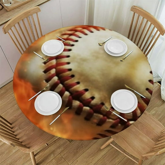 Round Fitted Table Cloth Fire Baseball Elastic Tablecloth for Round Tables, Waterproof Table