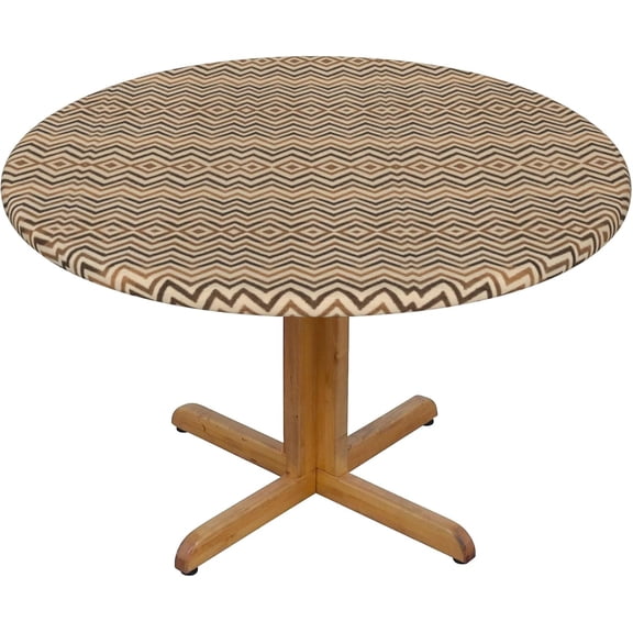 Round Fitted Tablecloth 44 Inch, Beige Brown Retro Zigzag Table Cloth Round Cover Waterproof Table Cloth Decorative Tablecover for Dining, Party, Buffet, Wedding