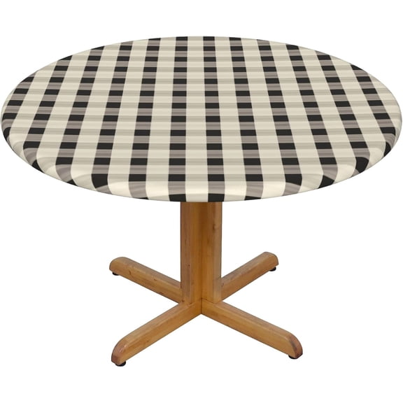 Round Fitted Tablecloth 44 Inch, Beige Buffalo Check Plaid Elastic Tablecloth for Round Tables Fitted Table Clothes Waterproof Resistant Durable Tablecloths Outdoor Tablecloth for Buffet Table