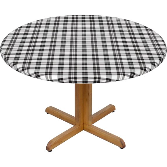 Round Fitted Tablecloth 44 Inch, Black Scottish Tartan Plaid Elastic Tablecloth for Round Tables Elastic Table Cover Washable Table Cloth Holiday Table Cover for Dining, Party, Buffet, Wedding