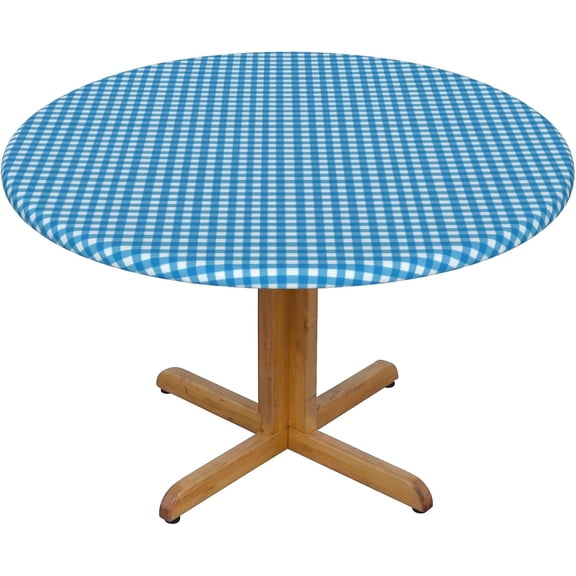 Round Fitted Tablecloth 44 Inch, Blue Grids Fitted Tablecloth Round Elastic Table Cover Water Resistant Tabletop Covers Table Top Tablecloth for Dining, Parties, Camping