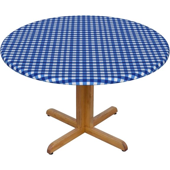 Round Fitted Tablecloth 44 Inch, Blue Grids Round Fitted Tablecloth Fitted Table Cloth Durable Table Cover Table Protector for Restaurant, Picnic, Indoor and Outdoor Dining