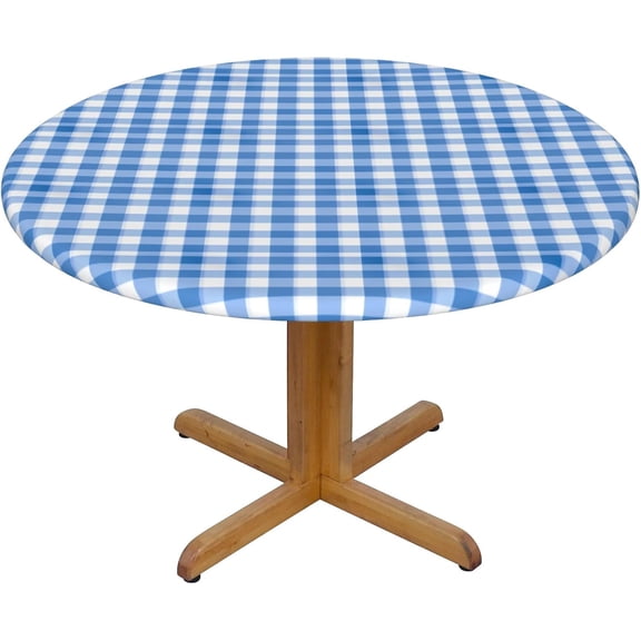Round Fitted Tablecloth 44 Inch, Blue White Gingham Fitted Tablecloth Round Fitted Table Cover Water Resistant Tablecloth Decorative Tablecloths for Restaurant, Picnic, Indoor and Outdoor Dining