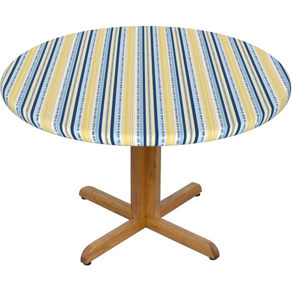 Round Fitted Tablecloth 44 Inch, Blue Yellow Provence Style Stripe Circle Tablecloth Durable Tabletop Covers Farmhouse Tablecloth for Dining, Party, Buffet, Wedding