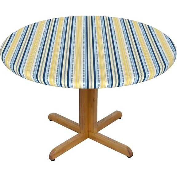 Round Fitted Tablecloth 44 Inch, Blue Yellow Provence Style Stripe Circle Tablecloth Durable Tabletop Covers Farmhouse Tablecloth for Dining, Party, Buffet, Wedding