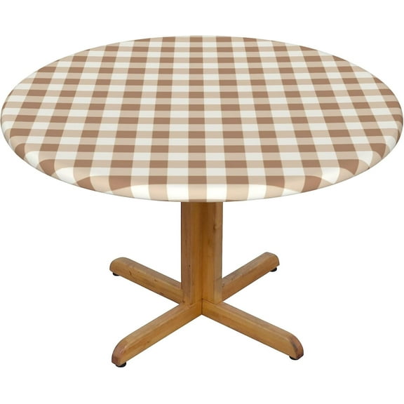 Round Fitted Tablecloth 44 Inch, Brown White Plaid Fitted Round Table Cover Fitted Table Clothes Breathable Table Cloth Kitchen Tablecover for Dining, Party, Buffet, Wedding