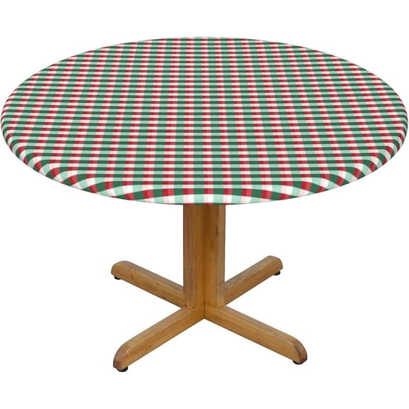 Round Fitted Tablecloth 44 Inch, Christmas Red Green Gingham Round Fitted Tablecloth Elastic Fitted Tablecloth Waterproof Tabletop Cover Holiday Tablecloth for Dining, Party, Buffet, Wedding