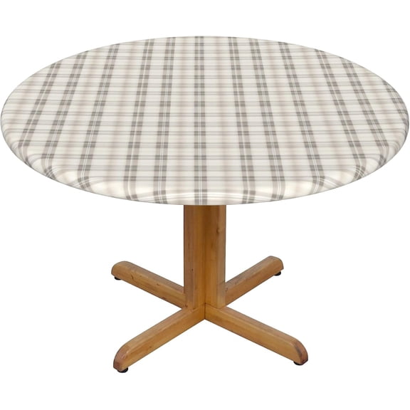 Round Fitted Tablecloth 44 Inch, Classic Neutral Color Plaid Elastic Tablecloth for Round Tables Fitted Tablecloth Wipeable Table Cloth Tablecloth Protector for Dining Table, Buffet Parties