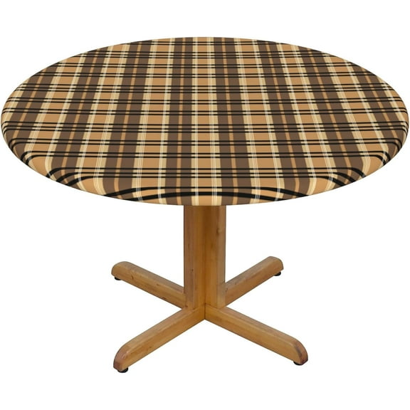 Round Fitted Tablecloth 44 Inch, Gold Brown Tartan Check Plaid Fitted Round Tablecloth Fitted Table Cloth Water Resistant Table Cloth Decorative Fabric Table Cover for Party, Wedding, Cocktail