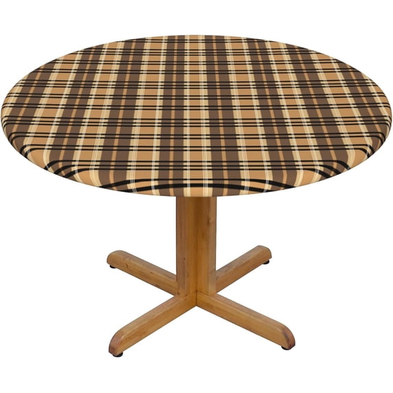 Round Fitted Tablecloth 44 Inch, Gold Brown Tartan Check Plaid Fitted Round Tablecloth Fitted Table Cloth Water Resistant Table Cloth Decorative Fabric Table Cover for Party, Wedding, Cocktail