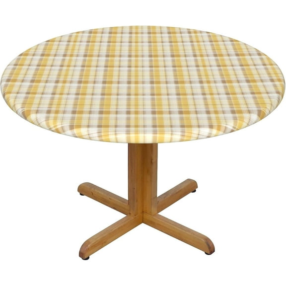 Round Fitted Tablecloth 44 Inch, Gray Mustard Check Plaid Round Tablecloth Waterproof Table Cloth Polyester Table Cloth for Daily Use Kitchen Dining Party Wedding