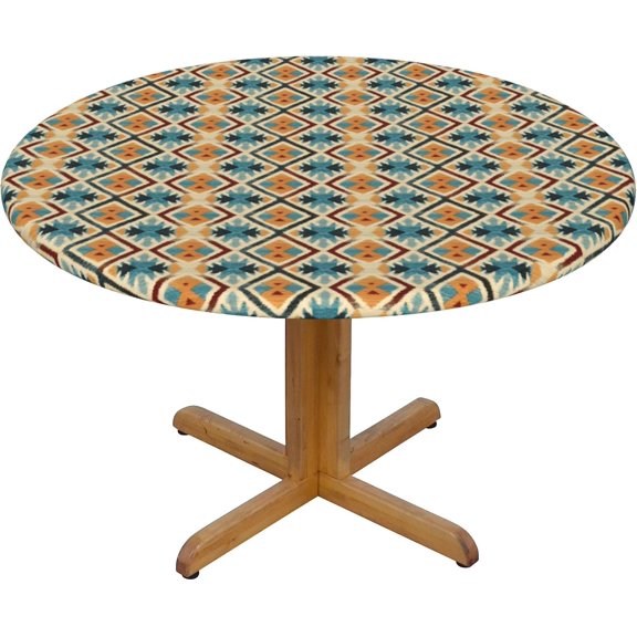 Round Fitted Tablecloth 44 Inch, Modern Ethnic Geometric Circle Tablecloth Washable Table Cloth Kitchen Dining Tablecloth for Buffet Table, Parties, Holiday Dinner, Wedding