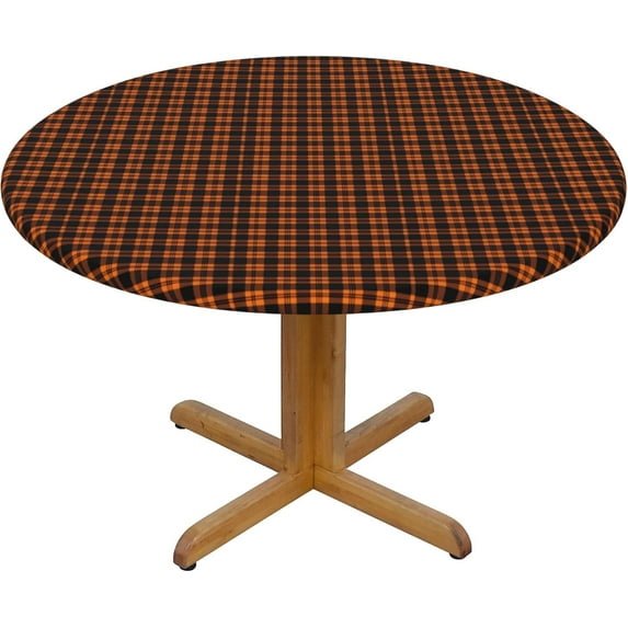 Round Fitted Tablecloth 44 Inch, Orange Black Plaid Fitted Round Tablecloth Elastic Fitted Tablecloths Soft Table Cloth Cloth Table Cover for Dining, Parties, Camping